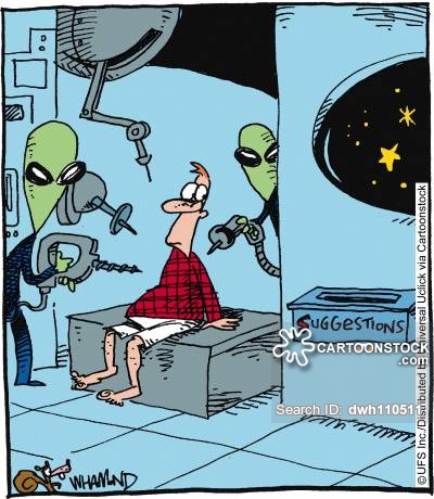 Aliens with abducted person look at a suggestion box.